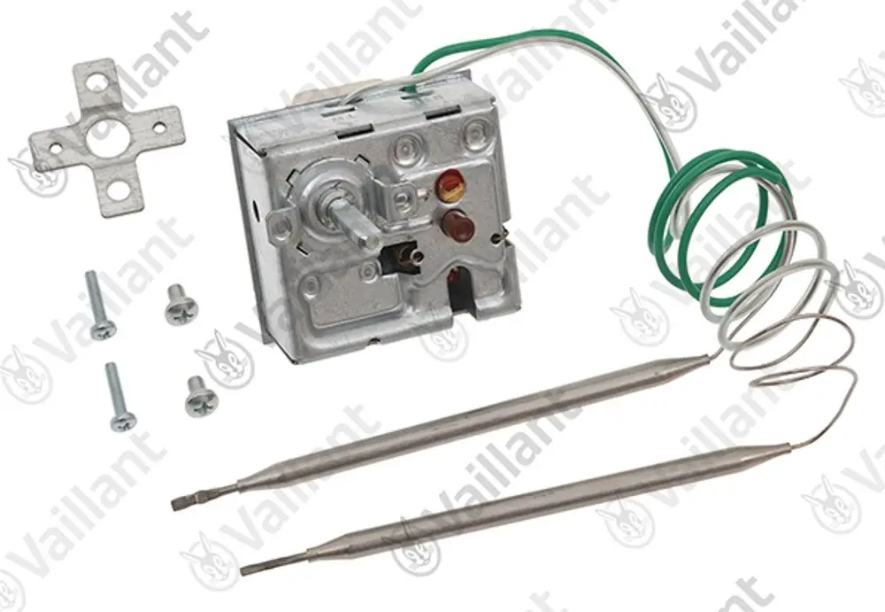 Vaillant Sicherheitsschalter mit einem Gehäuse, Schrauben und zwei Sensoren. Komponenten für die Installation sind ebenfalls abgebildet.